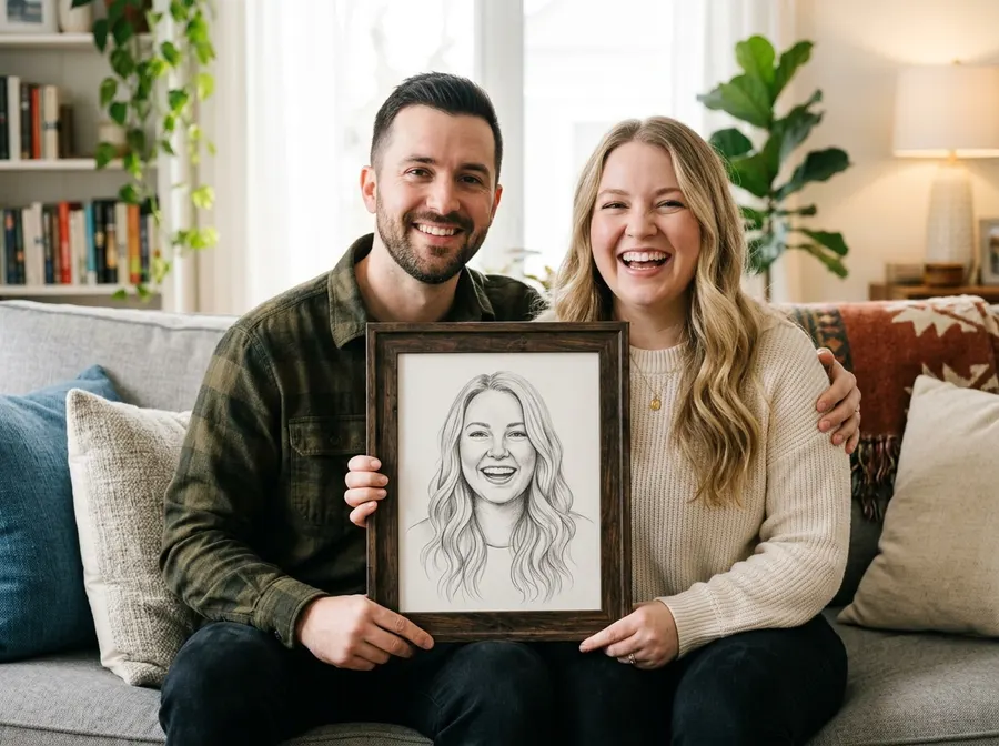 A couple holding a framed pencil portrait of the person their answers described